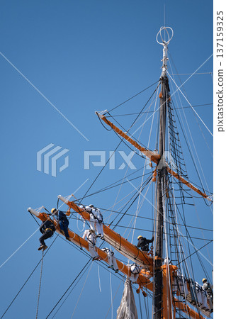 A sailing ship crew trimming sails in a sunny harbor 137159325