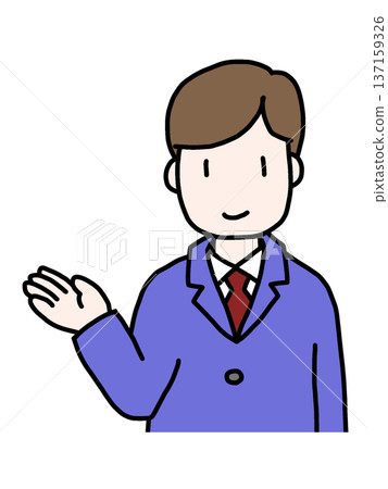 Illustration of a young man in a suit giving a guided tour 137159326