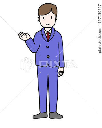 A full-body illustration of a young man in a suit giving a guided tour 137159327