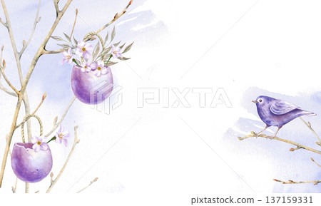 A delicate spring frame with eggshells hanging on bare branches, white flowers and a small songbird. Watercolor illustration on an isolated background. Realistic Easter decor template for holiday and 137159331