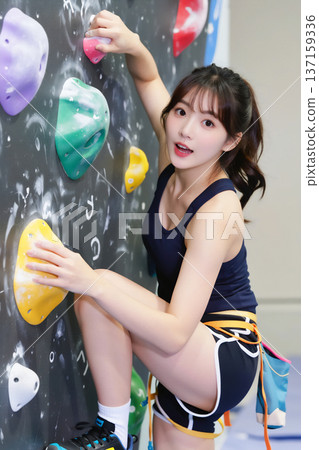 年輕女子進行抱石攀岩 137159336
