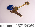 Collection of keys resting on a plain surface with a blue plastic key tag attached 137159369