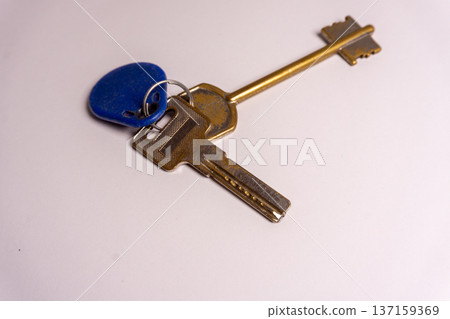 Collection of keys resting on a plain surface with a blue plastic key tag attached Collection of keys resting on a plain surface with a blue plastic key tag attached 137159369