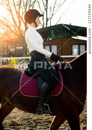 Female equestrian in black riding attire and helmet sits on brown horse with maroon saddle pad, sunlight illuminating the outdoor riding arena and wooden stable in the background 137159444