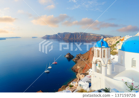 white belfries Santorini island, Greece 137159726