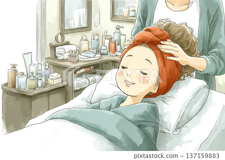 Woman receiving facial care at salon. Relaxing scene during hot towel treatment. Anime-style illustration. Beauty image. Woman receiving facial care at salon. Relaxing scene during hot towel treatment. Anime-style illustration. Beauty image. 137159883