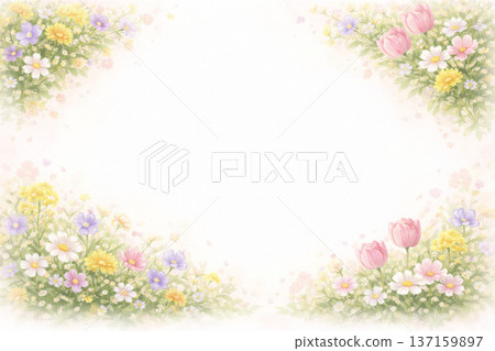 春日花卉系列：一個中間留白、四角點綴著花朵的畫框 137159897