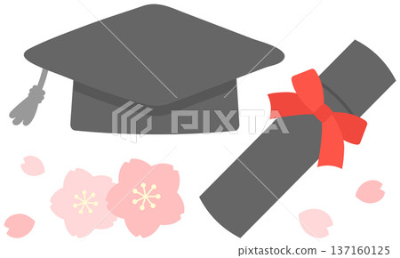 畢業帽、畢業證書和櫻花插畫套裝 137160125