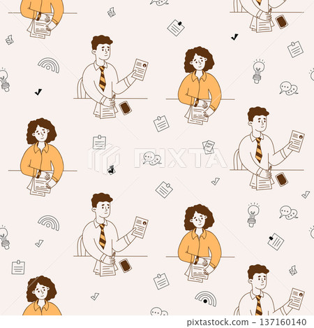 Recruitment Seamless Pattern. Business People Man and Woman with Documents on Light Background with Outline Office Icons. Doodle hand-drawn. Vector Square Illustration 137160140