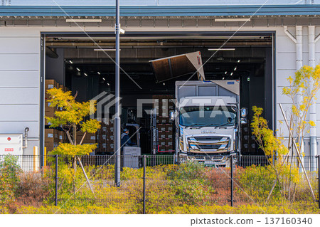 Truck berth at a large logistics facility and cargo loading work [Inzai City, Chiba Prefecture] 137160340