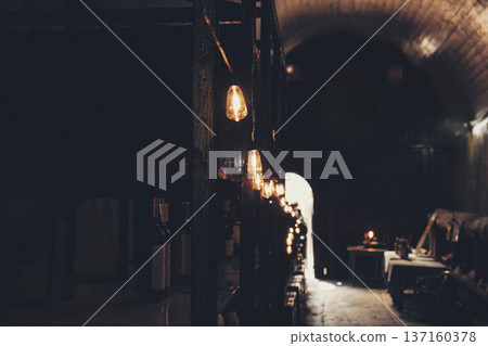 The warm light of the bulbs lining the dark interior of the storehouse The warm light of the bulbs lining the dark interior of the storehouse 137160378