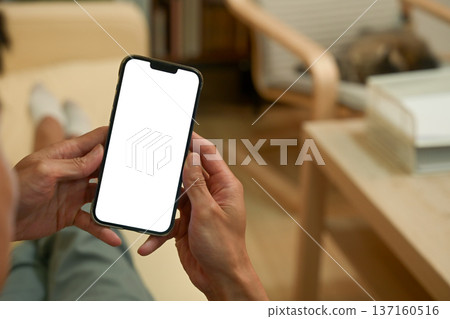 Man using smartphone blank screen modern design while lying on the sofa in living room 137160516
