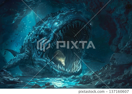 Scary sea monster in dark depths of deep blue ocean 137160607