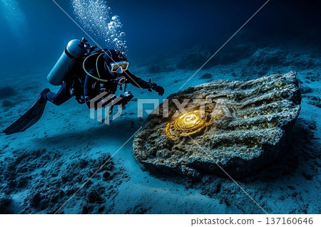 Diver discovers ancient magical artefact in the depths of the ocean near a sunken city 137160646