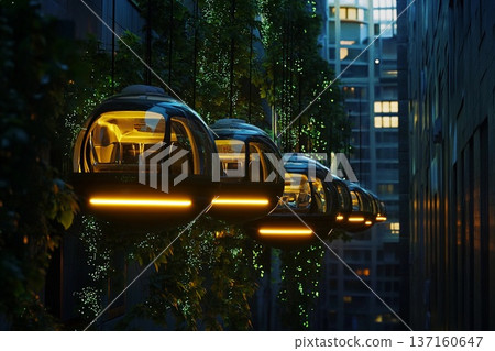 Public transport pods glide through bioluminescent alleys amid urban greenery at twilight 137160647