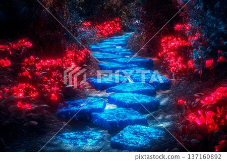 Pathway of glowing blue stones woven through vibrant red flowers at dusk 137160892