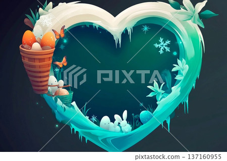 Colorful icy vortex frame showcasing Easter symbols in a heart shape Colorful icy vortex frame showcasing Easter symbols in a heart shape 137160955