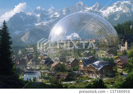 Transparent dome encases town surrounded by mountains and greenery 137160958