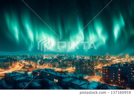 Bright aurora lights illuminate city skyline at night in a breathtaking display Bright aurora lights illuminate city skyline at night in a breathtaking display 137160959