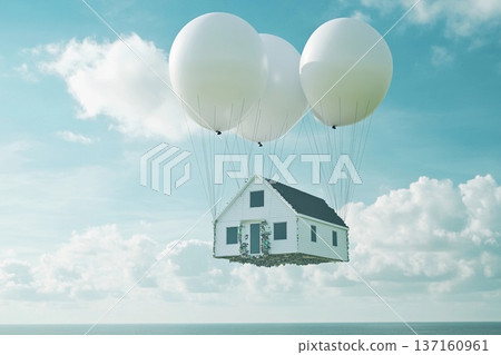 Home floats above ground, carried by large helium balloons in bright sky 137160961