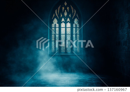 Hazy light shines through a vintage window in an old church wall 137160967