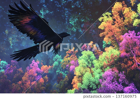 Giant bird soars above vibrant forest filled with colorful trees and magical atmosphere in daytime 137160975