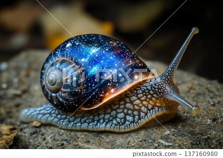 Snail with a shell resembling a starry night sky crawling on a rock surface Snail with a shell resembling a starry night sky crawling on a rock surface 137160980