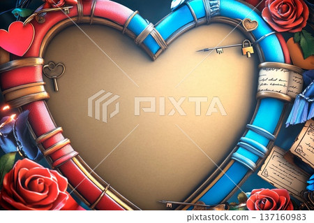 Old book styled greeting card featuring intricate heart design with roses and letters in a decorative frame 137160983