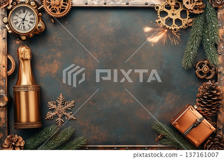 Intricate steampunk postcard design featuring clocks, gears, and winter motifs in a creative layout 137161007