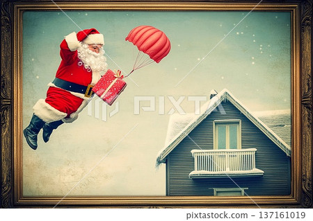 Santa dropping a present with a parachute near a cozy home in winter Santa dropping a present with a parachute near a cozy home in winter 137161019