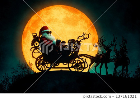 Steampunk Santa riding a mechanical sleigh pulled by clockwork reindeer under a full moon Steampunk Santa riding a mechanical sleigh pulled by clockwork reindeer under a full moon 137161021