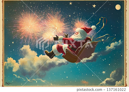 Santa flying through the night sky with fireworks on New Year's Eve celebration Santa flying through the night sky with fireworks on New Year's Eve celebration 137161022
