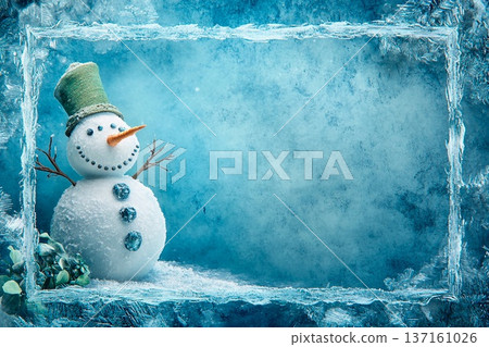 Frozen-over snowman with glistening surface surrounded by icy frost in winter landscape Frozen-over snowman with glistening surface surrounded by icy frost in winter landscape 137161026