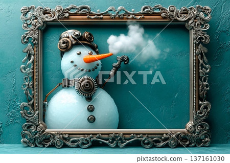 Steampunk inspired snowman made of ice gears smokes from a gear-themed frame during winter festivities Steampunk inspired snowman made of ice gears smokes from a gear-themed frame during winter festivities 137161030