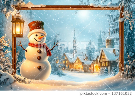 Cheerful snowman stands in snowy village during winter night with glowing lanterns illuminating the scene Cheerful snowman stands in snowy village during winter night with glowing lanterns illuminating the scene 137161032