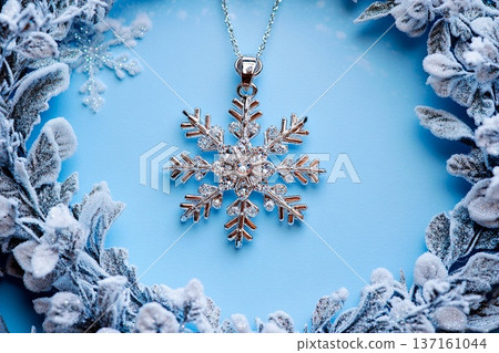 Diamond studded snowflake charm elegantly displayed in a winter wonderland setting Diamond studded snowflake charm elegantly displayed in a winter wonderland setting 137161044