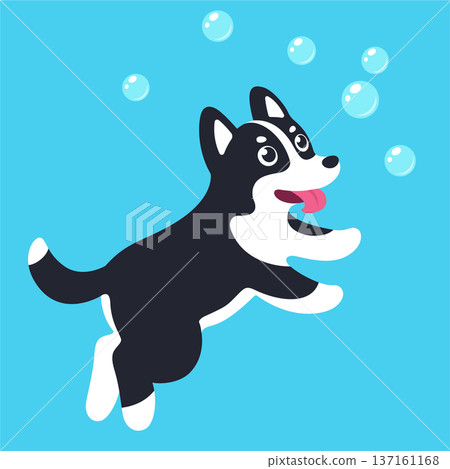 Cartoon dog jumping after soap bubbles Cartoon dog jumping after soap bubbles 137161168