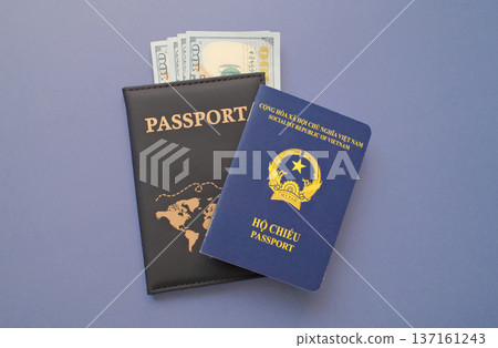 Vietnam passport with US dollar banknotes in leather cover on gray background, travel and immigration finance concept Vietnam passport with US dollar banknotes in leather cover on gray background, travel and immigration finance concept 137161243