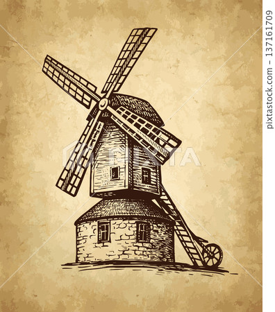 Old post mill. Hand drawn ink sketch. Old post mill. Hand drawn ink sketch. 137161709