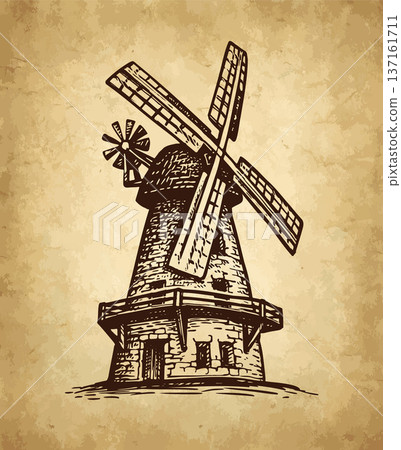 Old windmill. Hand-drawn ink sketch. Old windmill. Hand-drawn ink sketch. 137161711