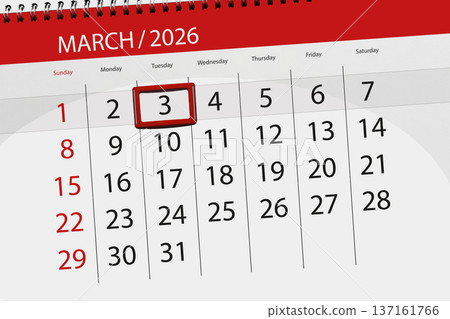 Calendar 2026, deadline, day, month, page, organizer, date, March, tuesday, number 3 Calendar 2026, deadline, day, month, page, organizer, date, March, tuesday, number 3 137161766