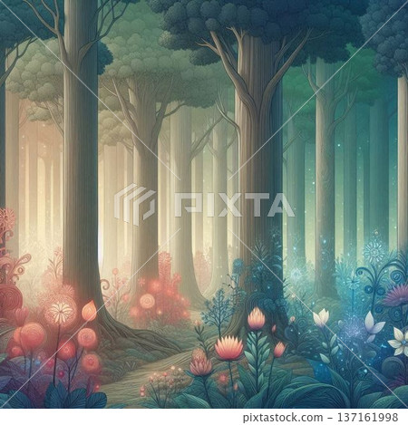 Mysterious light shining into the forest at night 137161998