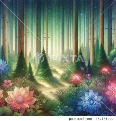 夜幕下的森林，神秘的光與花朵，水彩插畫。 137161999