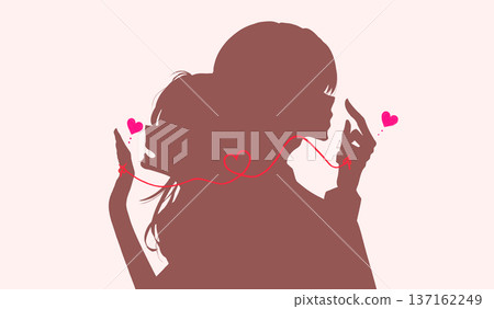 一男一女背靠背站立,由一條紅線相連,構成剪影。 一男一女背靠背站立,由一條紅線相連,構成剪影。 137162249