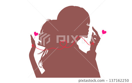 一男一女背靠背站立，由一條紅線相連，構成剪影。 137162250