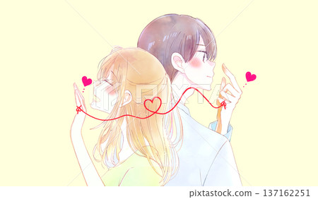 一男一女背靠背，由一條紅線相連。 137162251