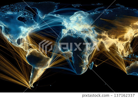 Abstract digital visualization of global trade and shipping routes on a world map blue and gold tones Abstract digital visualization of global trade and shipping routes on a world map blue and gold tones 137162337