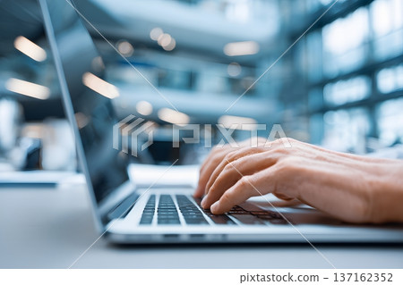 Close up of hands typing on a laptop keyboard with a blurred background of a modern office 137162352