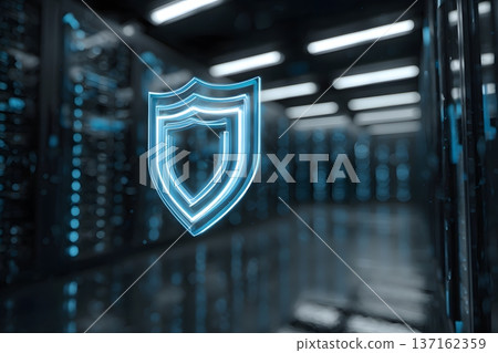 Cyber security concept with a glowing shield icon over a dark server room background Cyber security concept with a glowing shield icon over a dark server room background 137162359
