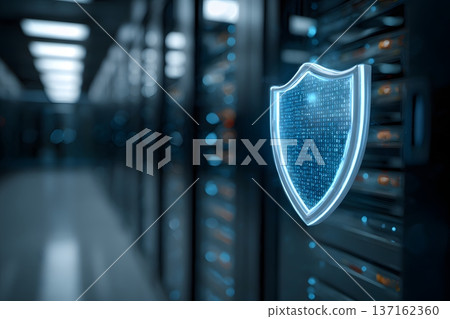 Cyber security concept with a glowing shield icon over a dark server room background 137162360